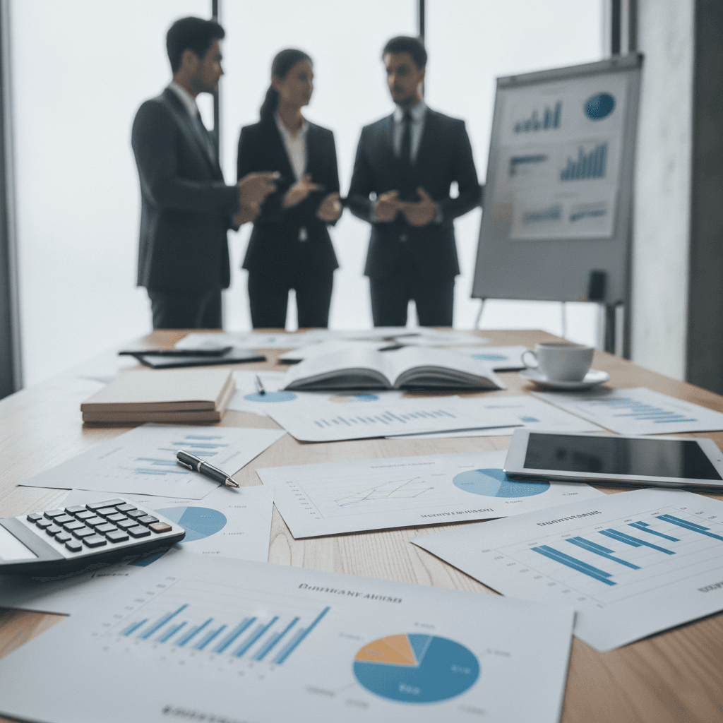 Geschäftsanalyse und Finanzdaten auf einem Schreibtisch